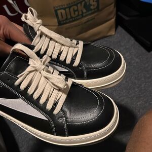 Rick Owens Black Leather Sneakers with Cream Laces